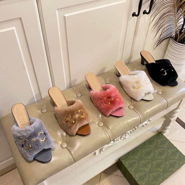 

2023 spring and summer women's slippers fashion plush fine heels high heels metal outdoor wear sandals cute furry shoes, Black