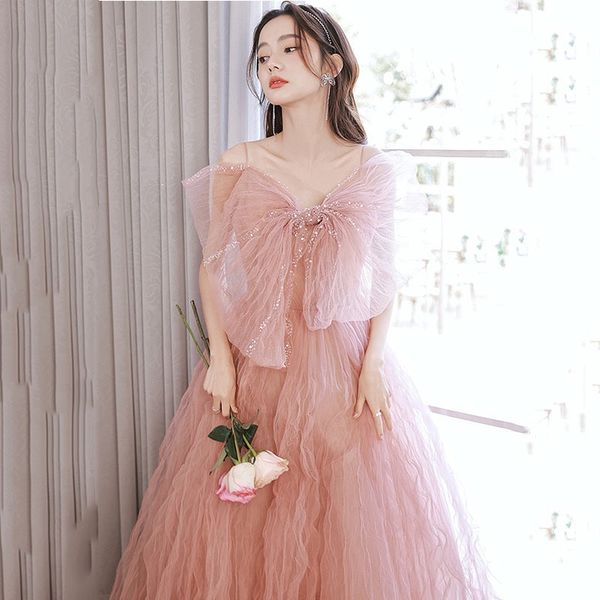

gently pink evening dress boat neck pleat tulle spaghetti strap bow crystal beading slim retro lace up woman elegant party prom gowns 2023, Black;red