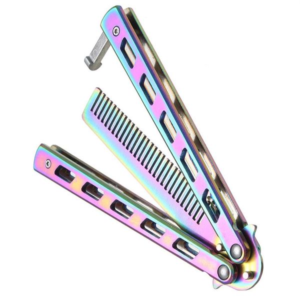 

rainbow hair foldable comb stainless steel practice training butterfly knife comb beard & moustache brushes hairdressing styling t256a, Silver
