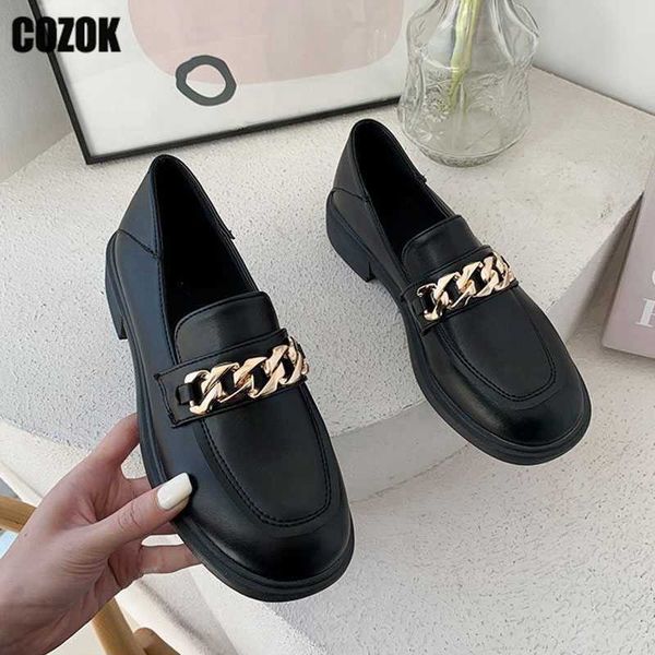 

dress shoes chain women loafers 2022 shallow ladies slip on flats female daily sweet lolita pu leather shoes design dress classic student j2, Black