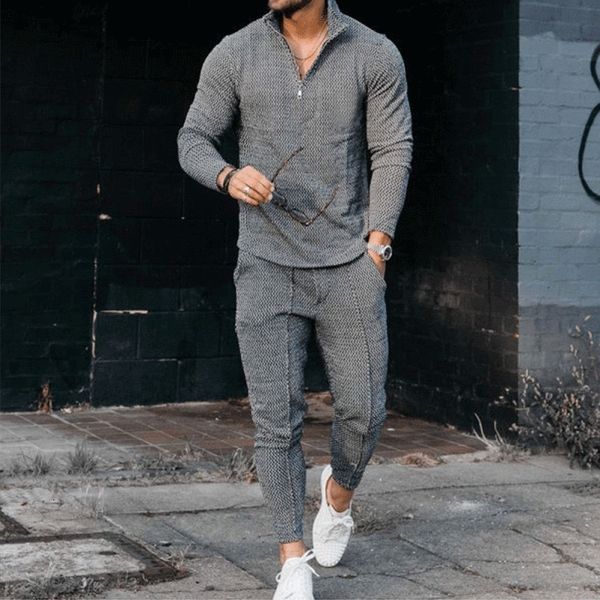 

mens tracksuits activewear casual half zip stand collar long sleeve pullover tshirt and pant set streetwear solid color 2 piece 230310, Gray