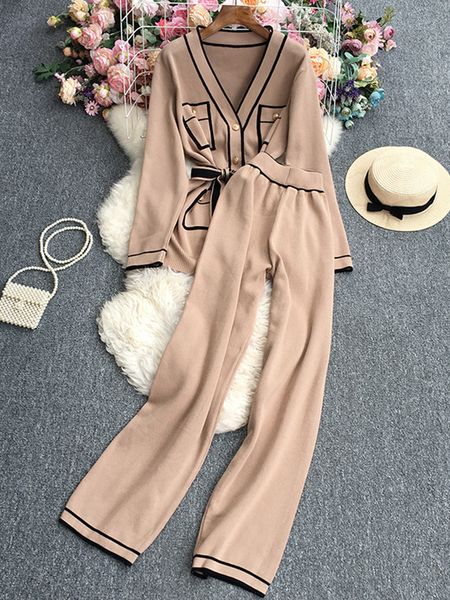 

womens two piece pants solid multipocket knit sweater suits single breasted coats with wideleg pants sets casual lace up two piece sets wome, White