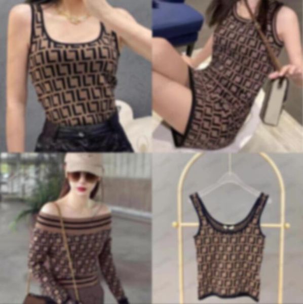 

spring summer designer women's knits retro high-end luxury women's knitwear sleeveless vest t-shirt f letter print, White
