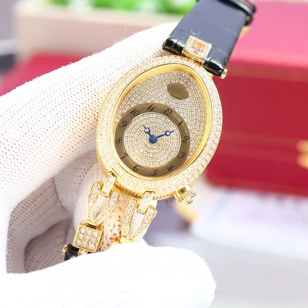 

moissanite diamond women quartz designer watches lady models bright yellow gold black leather strap steel case original clasp wristwatch mon, Slivery;brown