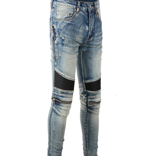 

men's jeans mens a606 biker ribs zippers slim pu leather ripped patch work blue washed stretch denim motor jean size 2840 230309