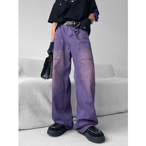 

women's jeans summer gradient purple vintage jeans fashion pocket high waist baggy straight pants high street casual wide leg denim tro, Blue