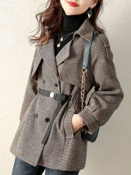 

women's jackets winter coat for women fashion korean casual checked wool allmatch temperament upscale with belt 230310, Black;brown