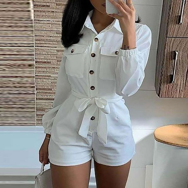 

women s jumpsuits romper long sleeve button down turn collar bodysuit sashes slim elegant summer workwear 230309, Black;white