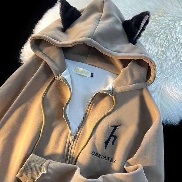 

womens hoodies sweatshirts cat ear hoodies cardigan winter in sweater womens korean premium plush couple zip up hoodie y2k gothic sweatshirt, Black