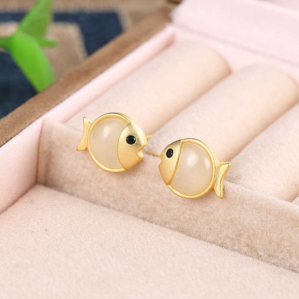 

earings yuexin s925 sterling silver n jade earrings gold-plated personality cute little fish lady temperament small, Golden