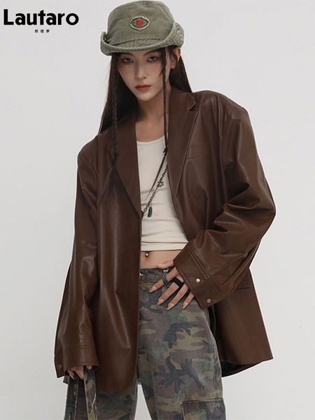 

women's jackets lautaro fall oversized retro brown black leather blazer long sleeve cool loose luxury faux coats and jacket 230310, Black;brown