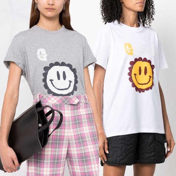 

ganni 23ss mens women designer t shirt letters sunflower smiling printed cotton fashion round neck short sleeve tees classic tide apparel b, White