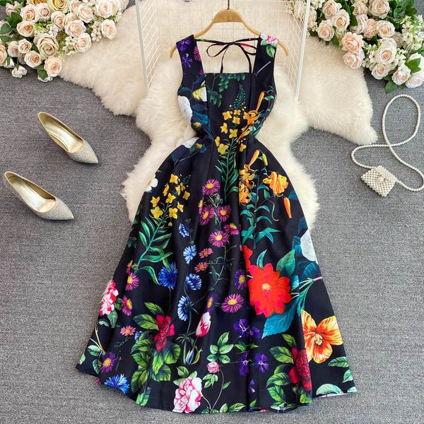 

vintage high waist spaghetti strap dress for women slash neck off shoulder bow backless floral print midi long party vestidos 2023, Black;gray