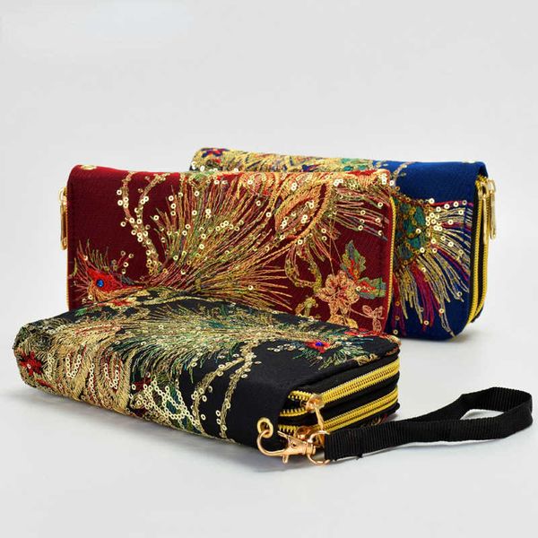 

ethnic style double-sided embroidered wallet features peacock embroidery long zipper hand pocket 230310, Red;black