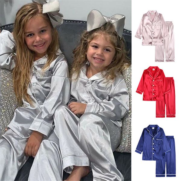 

pajamas 2pcs infant baby boy girl pajamas silk satin pant long sleeve solid button-down pyjamas satin set nightgown child sleepwear 230310, Blue;red