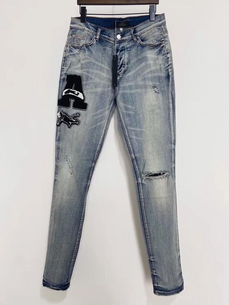 

hombre 2023 men's jeans designers jean trousers men embroidery patchwork ripped for trend brand motorcycle pant mens skinny r1rv, Blue
