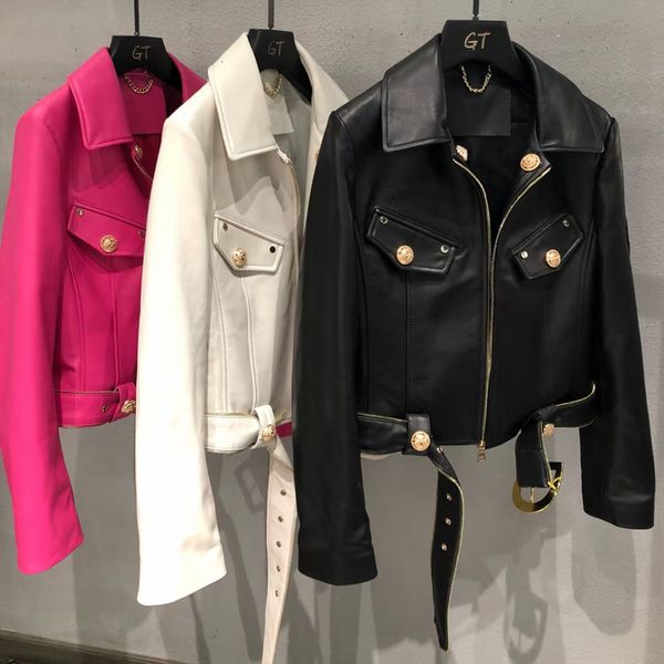

women's jackets spring and autumn fashion import real sheepskin coat women short length overcoat with belt letters decorate 230310, Black;brown