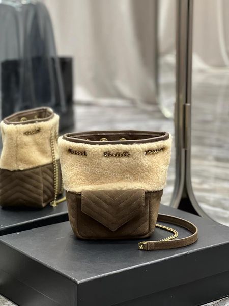 

fashion crossbody bag one shoulder bag mini bucket bag sanded leather lamb hair vintage chain gold hardware clamshell coin bag brown patchwo