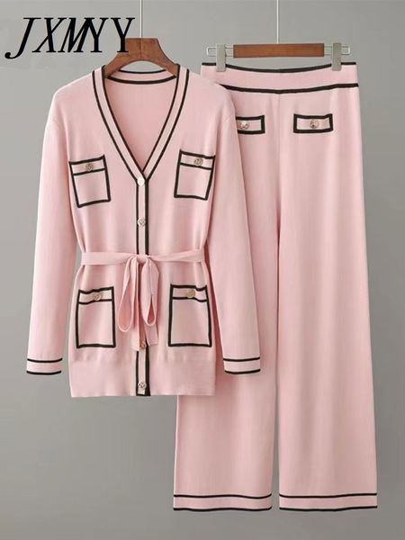 

women's two piece pants jxmyy early autumn longsleeve knit suit laceup waist midlength vneck cardigan wideleg twopiece female 230310, White