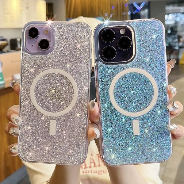 

luxury cases glitter sequins transparent magnetic wireless charging for magsafe case for iphone 14 pro max 13 12 11 soft cover funda