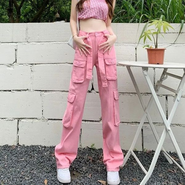 

women's pants capris biyaby autumn pink denim cargo pants women high street loose straight trousers woman harajuku style baggy wide leg, Black;white