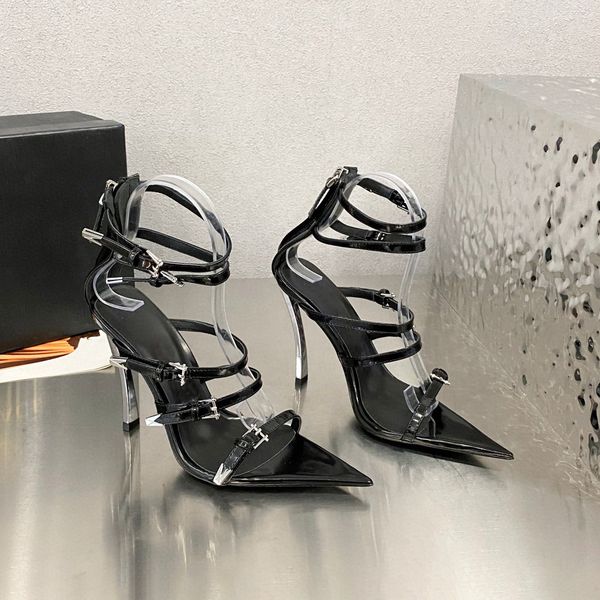 

multi-strap satin leather sandals ankle strappy stiletto pinpoint heels evening point open toe shoes women's heeled luxury designers dr, Black