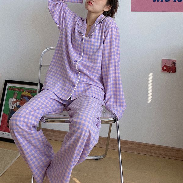

women's sleepwear spring and summer ladies pajamas plaid cardigan lapel two-piece suit can be worn outside casual loose cute girls home, Black;red