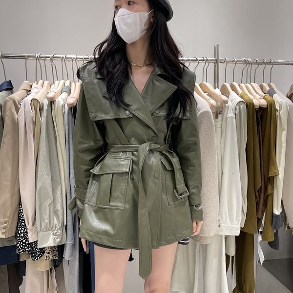 

women's jackets 2023 autumn pu leather windbreaker clothing moto biker pocket belt cardigan coats korean fashion outwear 230310, Black;brown