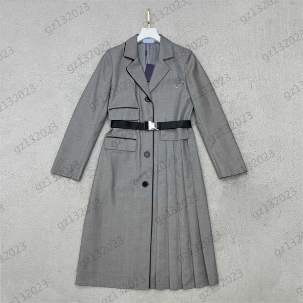 

long sleeves dress brand custom brooch decorative lapel designer dress single row button open side press pleated design belt slim maxiskit s, Black;gray