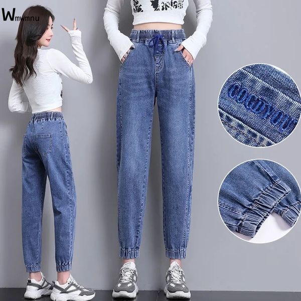 

women's jeans fashion ankle length harem jeans women casual elastic high waist denim pants streetwear drawstring jogger pants female 23, Blue