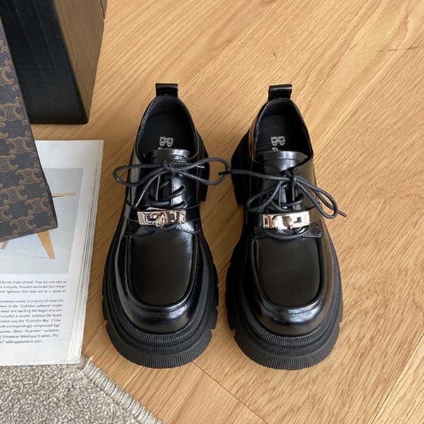 

dress shoes genuine leather women shoes square toe thick soled loafers women's flats british style lace up metal decor platform woman s, Black