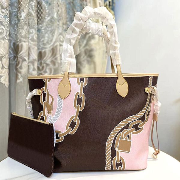 

handbag purse never full tote shopping bag cowhide handle zipper wallet thick chain pattern women shoulder bags checkerboard large capacity