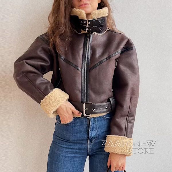 

women's jackets zaaho winter women thick faux leather jacket warm lamb biker coat female casual with belt outwear ladies 230309, Black;brown