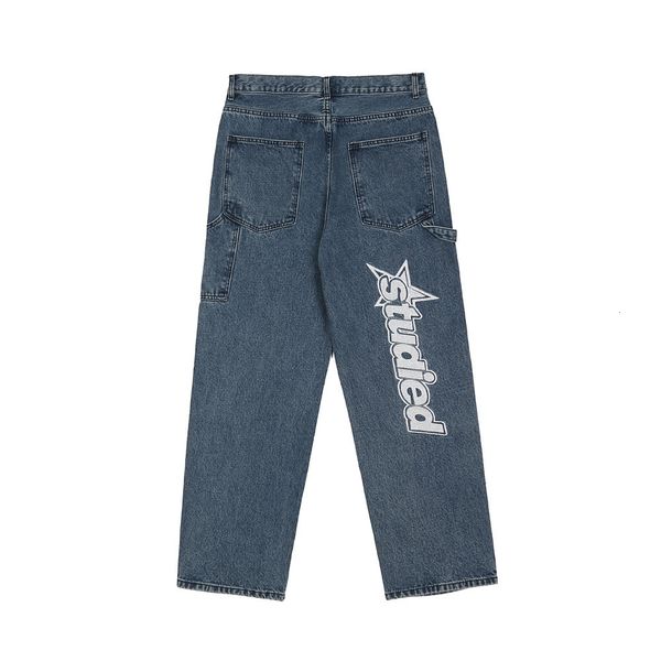 

mens jeans korean fashion letter embroidery retro oversize men hip hop pants straight casual washed denim trousers pantalones 230310, Blue