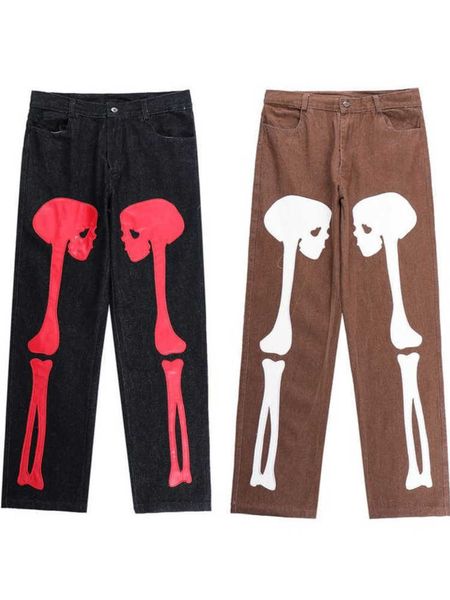 

men's jeans 2023 new spring loose skull print leg pants black for men vintage street fashion internet celebrity y2303, Blue