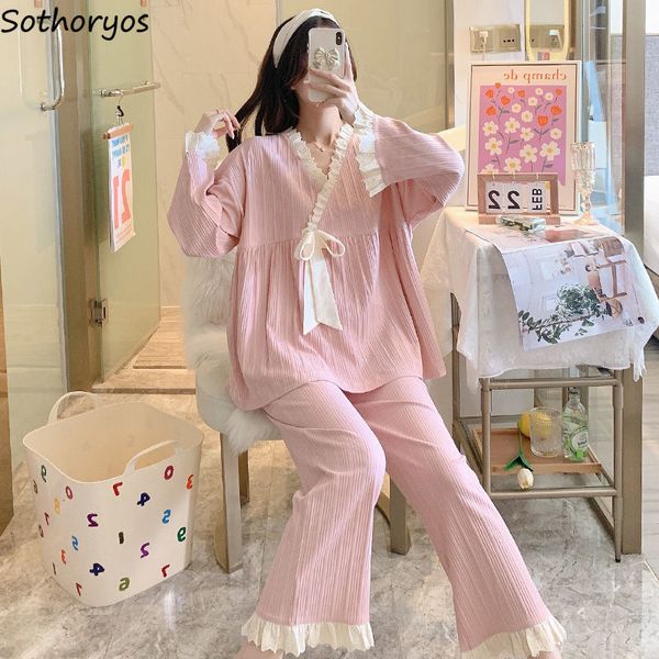 

women's sleepwear pajama sets women sweet girls long sleeve lacework v-neck pajamas spring fall loose cozy kawaii princess retro bowkno, Black;red