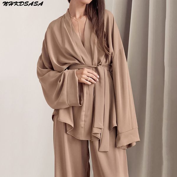 

women's sleepwear pajamas for women loose nightwear long sleeve 2 piece sets pyjamas sashes solid trouser suits casual female sleepwear, Black;red