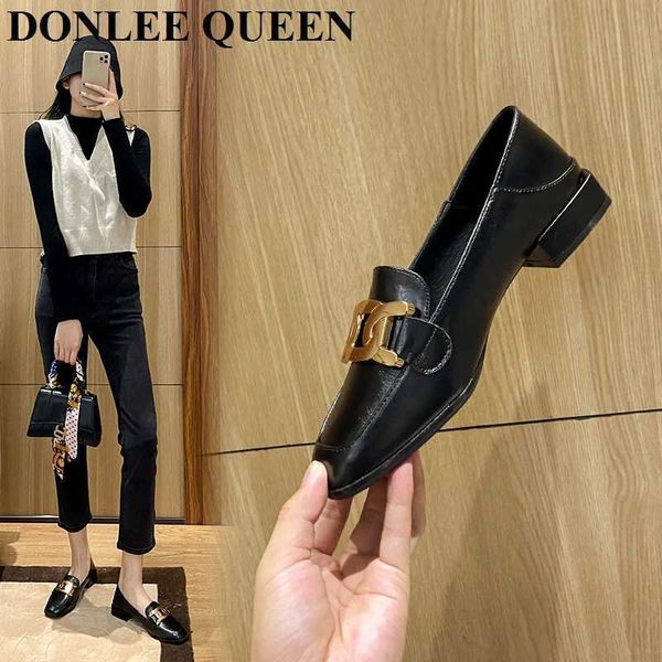 

dress shoes winter flats shoes women slip on loafer autumn fashion british square toe brand metal chain moccasin casual ballerina big size41, Black