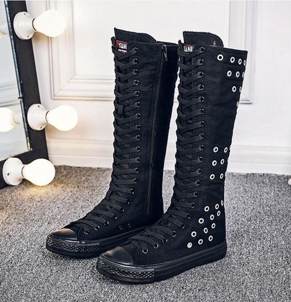 

spring autumn new korean style flat heels cut-outs rivet cross-tied plus size 40-43 canvas women knee-high long equestrian boots, Black