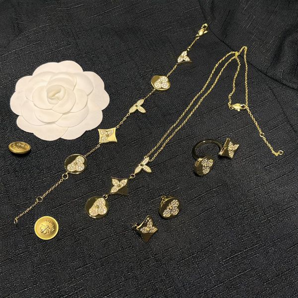 

designer necklaces earring set gold stamp bracelet brand girl necklace gift jewelry ring romantic love pearl stud earrings with box, Black