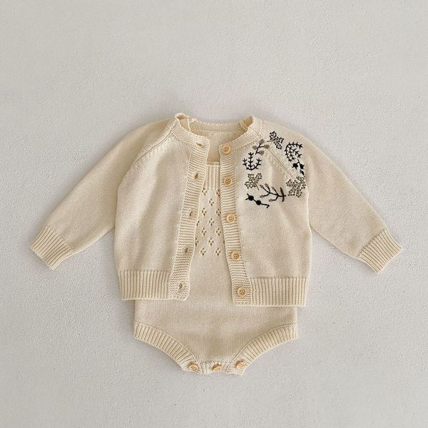 

cardigan spring born boy girl knit embroidery flower sweater children cotton long sleeve coats kid solid suspenders romper 230310, Blue