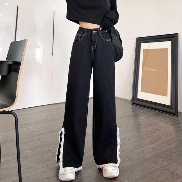 

women's jeans black denim women autumn high waist straight leg pants with lace trim side split wide leg y2k jeans loose denim trousers, Blue