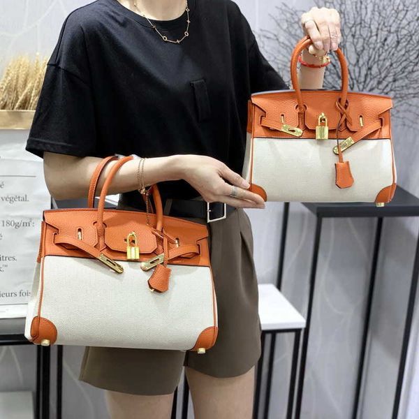 

8a quality h ermes brikis's shoulder bags for women 2023h new layer lychee grain cow leather with linen canvas bag handbag messenger wi