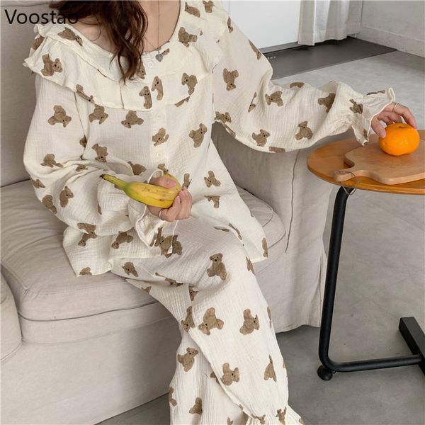 

women's sleepwear women lolita style pajama sets spring autumn long sleeve bear print fashion nightwear loose elegant pyjamas female sl, Black;red
