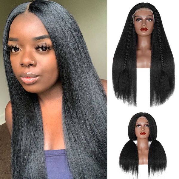 

lace wigs long yaki straight wigs natural hairline kinky straight wig peruca 220% density synthetic hair afro wigs for black woman 230206, Black;brown