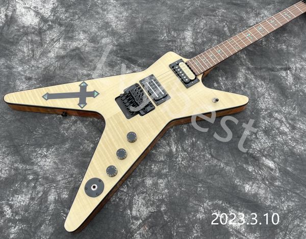 

electric guitar natural color flame crossing wood inlay on body 3 pots jack hole on body floyd rose style tremolo