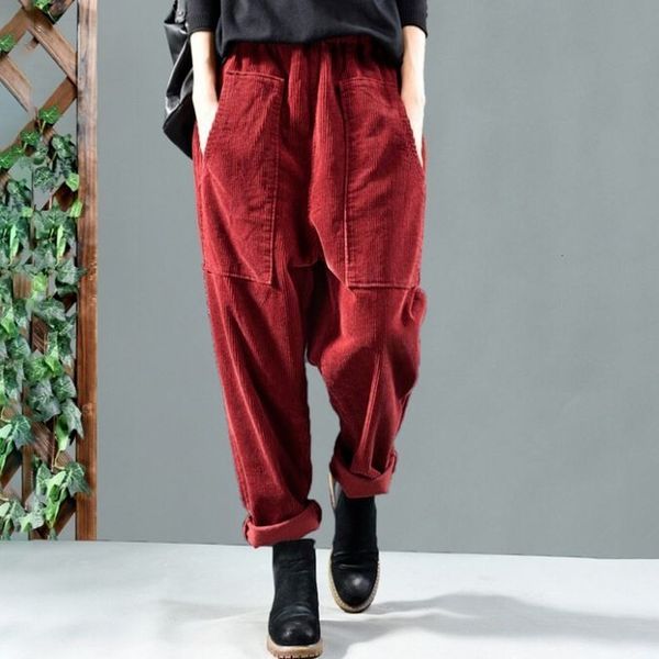 

women's pants capris gorgeous solid color harem pants for effortless style corduroy elastic waist full length pockets lady pants loose, Black;white