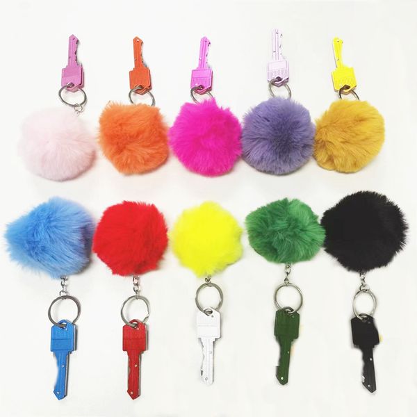 

multi-color defense keychains pompom with key knife multifunctional tool for women outdoor self-defense key chain, Silver