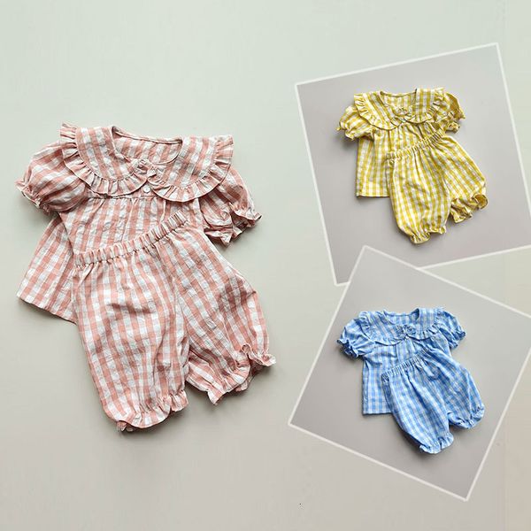 

pajamas girls pajamas set 2pcs plaid sleep clothes sets korea kids homewear suits short sleeve and pants sleepwear for children 230310, Blue;red