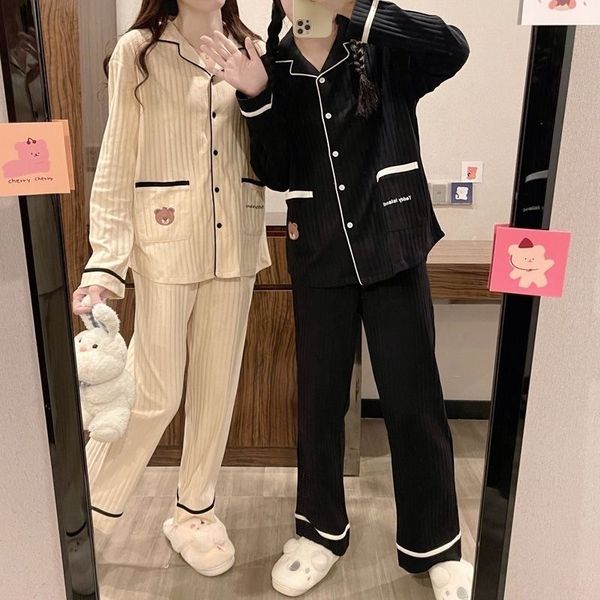 

women's sleepwear pajamas women korean lapel sleepwear autumn winter pijamas cute clothes pyjamas 2 piece pants sets loungewear pj suit, Black;red